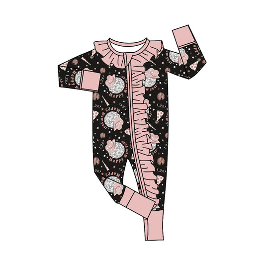 Custom moq 20 bamboo happy new year Western light pink long sleeve zipper girls romper