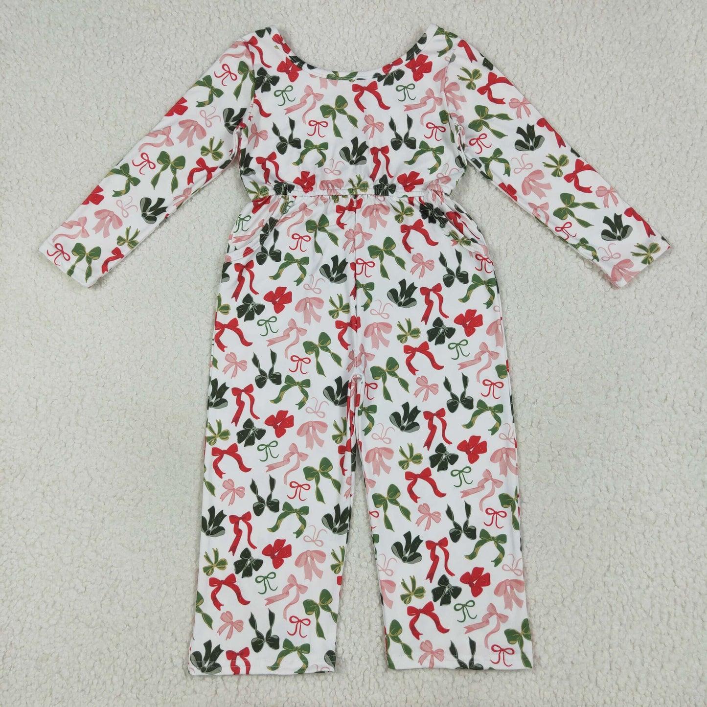 LR2192 red grenn bows long sleeve girls jumpsuits