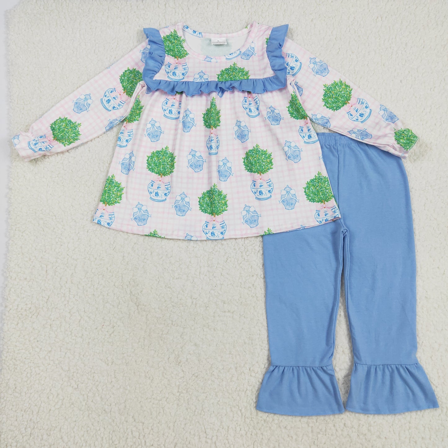 GLP2396 blue vase pink checkered long sleeve blue pants girls set
