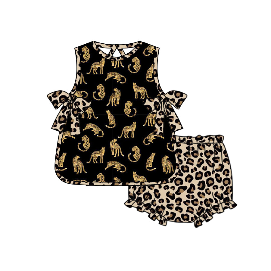 Custom Leopard black sleeveless leopard print girls bummies set moq3