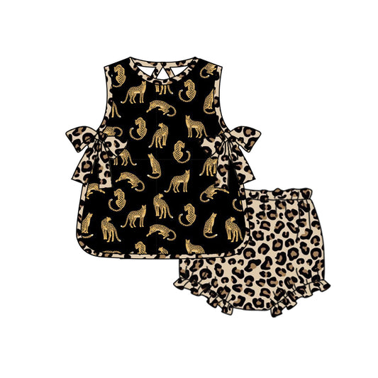 Custom Leopard black sleeveless leopard print girls bummies set moq3
