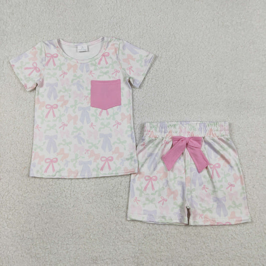 GSSO2990 Colorful Bows Pink Pocket Short Sleeve Shorts Girls Set