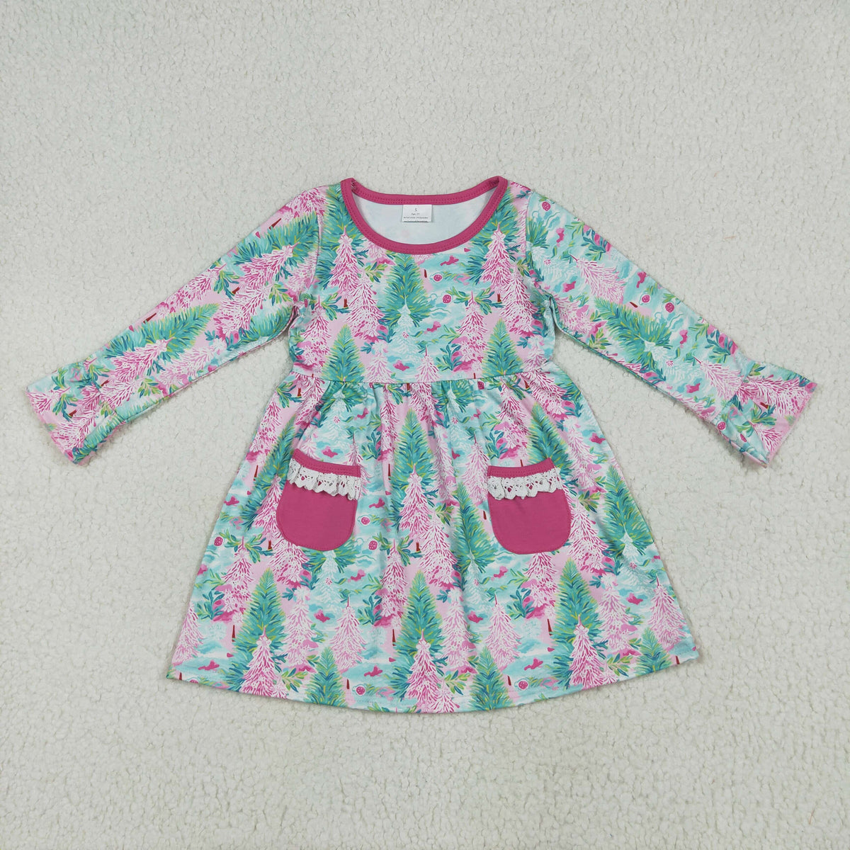 GLD1092 Christmas pink green tree pockets long sleeve girls dress