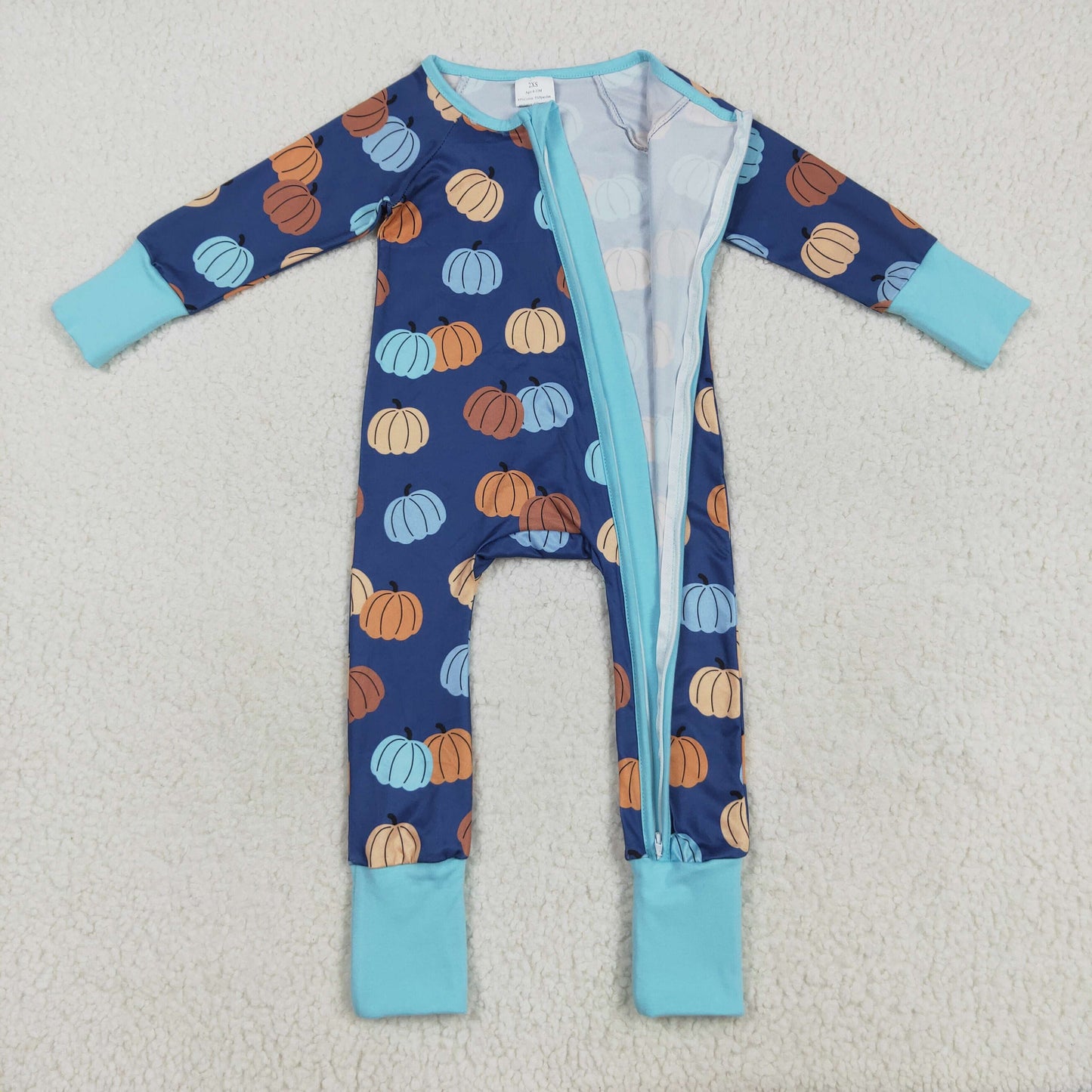 Custom moq 20 bamboo colorful pumpkin navy blue long sleeve zipper boys romper