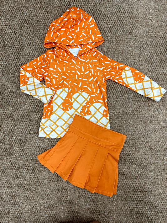 Summer ice orange hoodie long sleeve yoga orange skorts skirt girls set