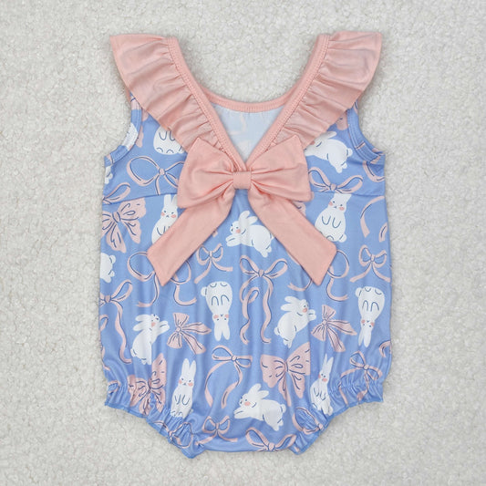 SR2583 Rabbit Pink Bows Blue With Bow Girls Romper