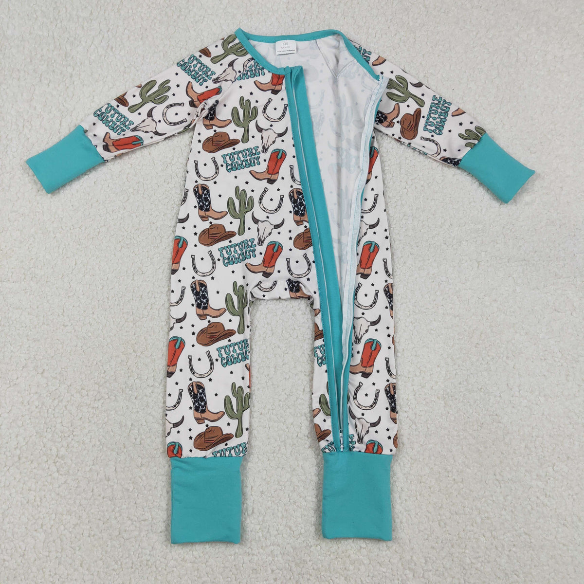 LR2944 Western Boots Hat Cactus Blue Long Sleeve Boys Romper