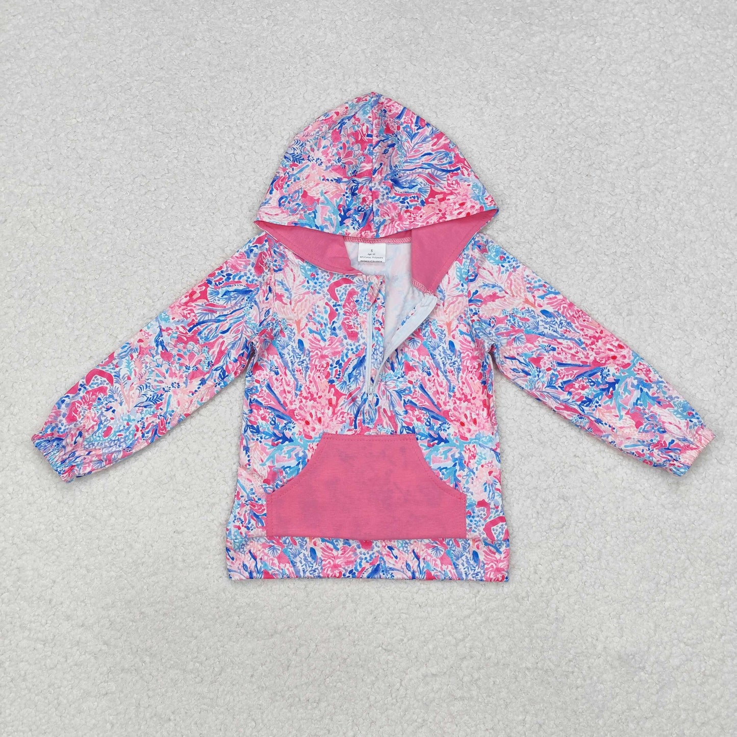 GT0745 colorful print hot pink pocket long sleeve hoodie girls pullover