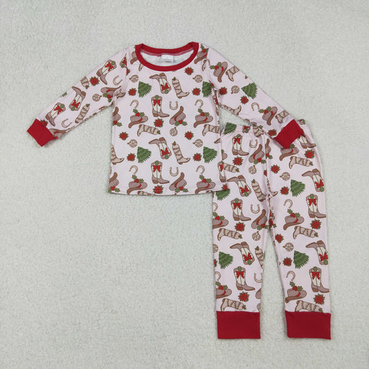 GLP2729 Western Christmas boots tree pink long sleeve pants girls pajamas