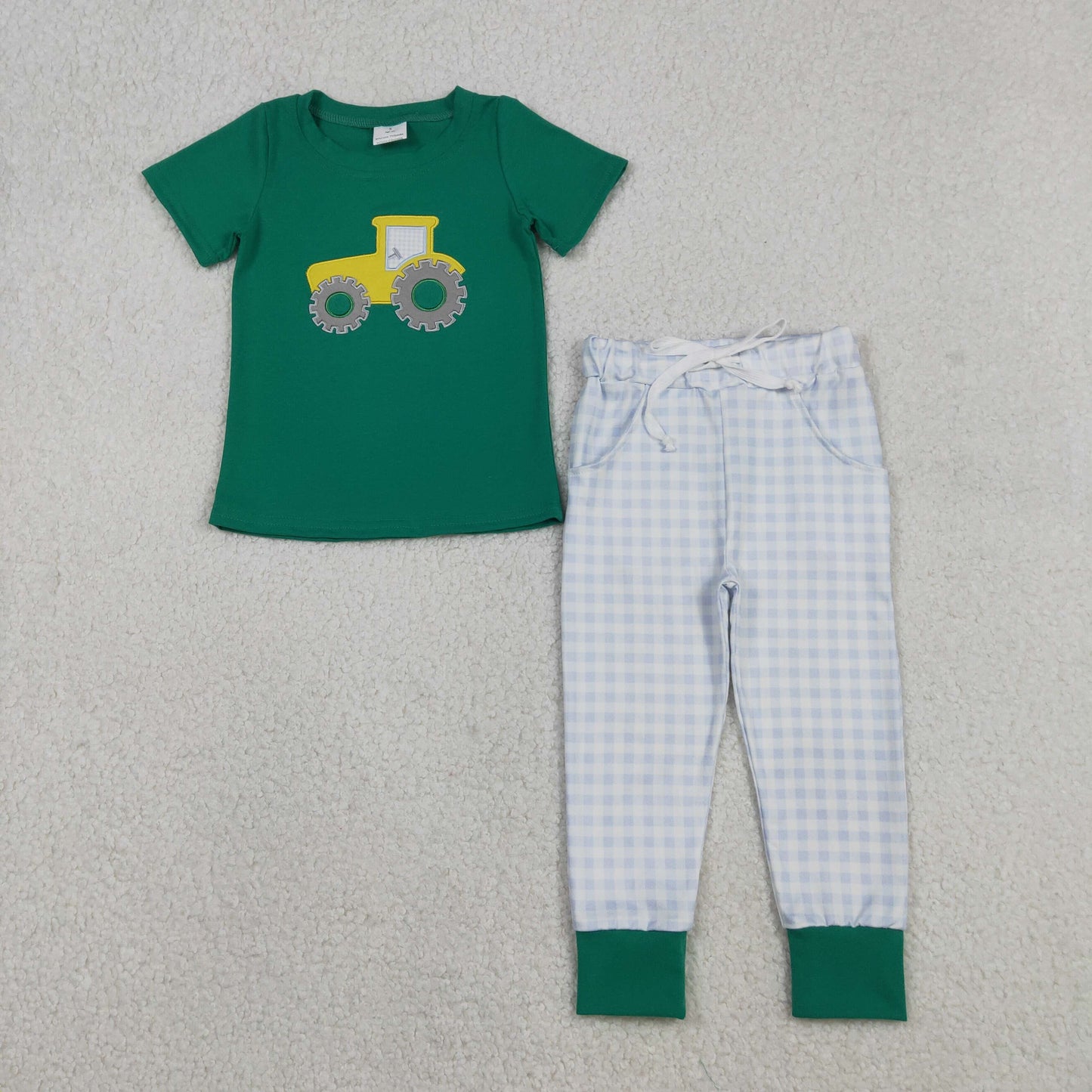 Embroidery BSPO0615 tractor green short sleeve blue checkered pants boys set