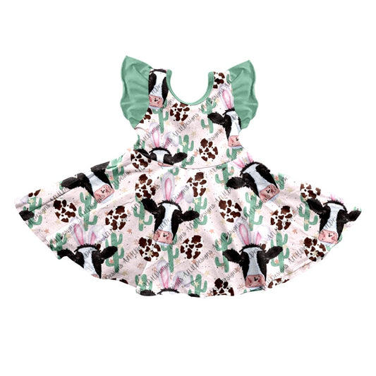 preorder GSD0628 Western Cow Cactus Green Flutter Sleeve Girls Dress