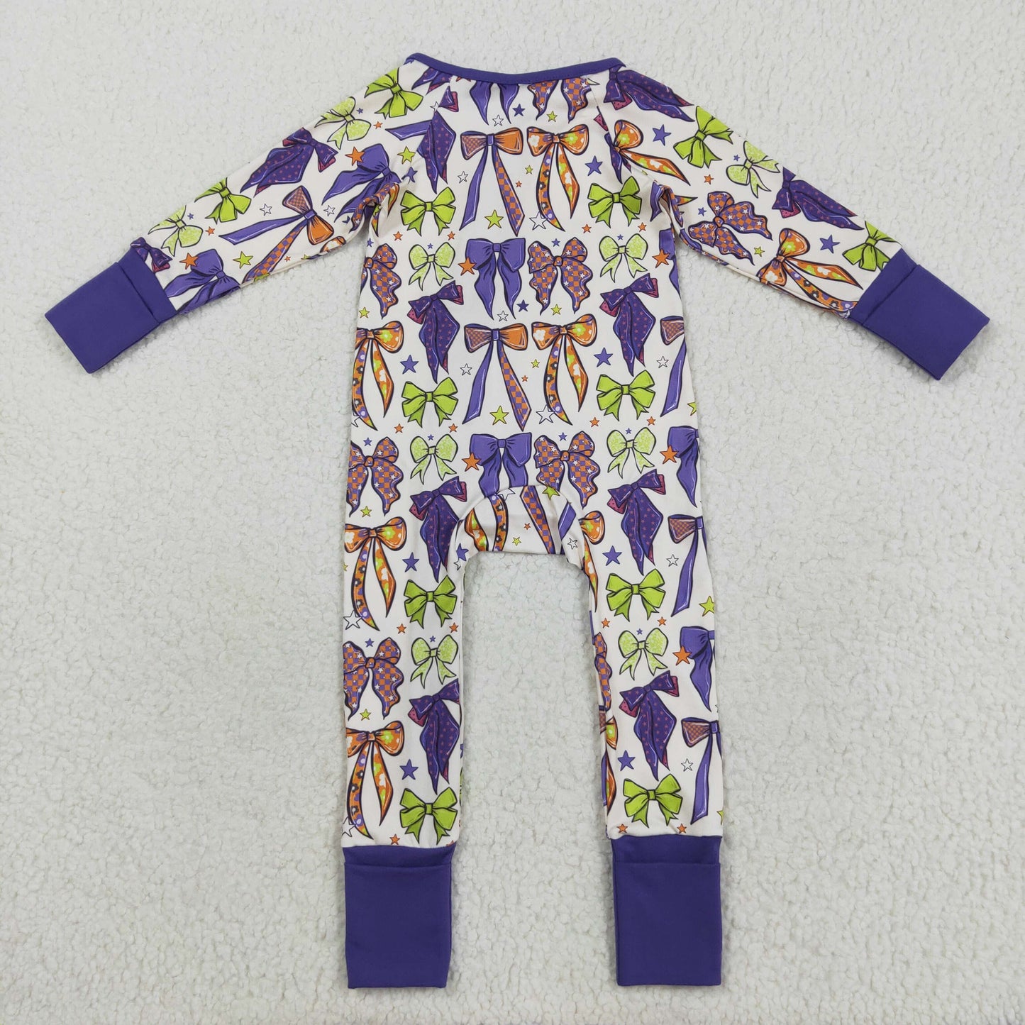 Custom moq 20 bamboo Halloween purple green orange bows long sleeve zipper girls romper