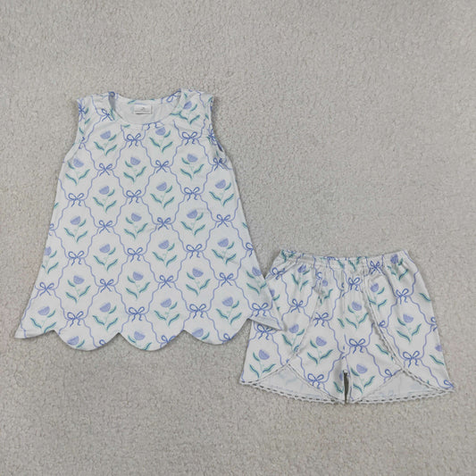 GSSO3426 Scallop Purple Flowers Bows Sleeveless Shorts Girls Set