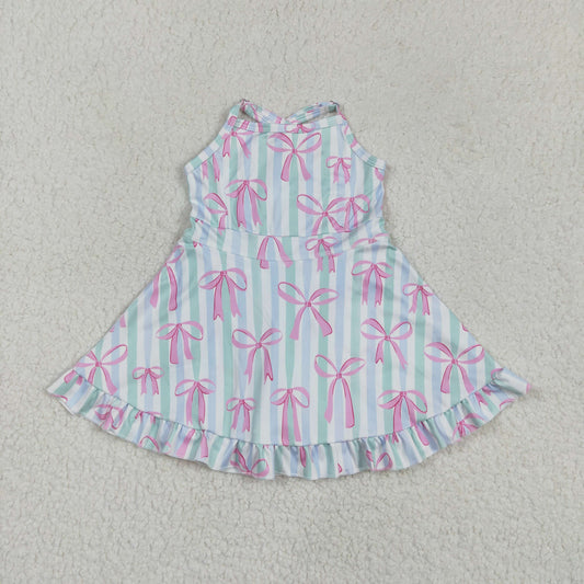 GSD2297 yoga pink bows blue striped dress with shorts girls dress