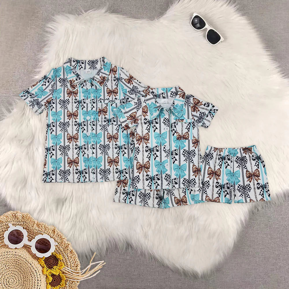 mama and me blue/brown bows pajamas RTS sibling clothes