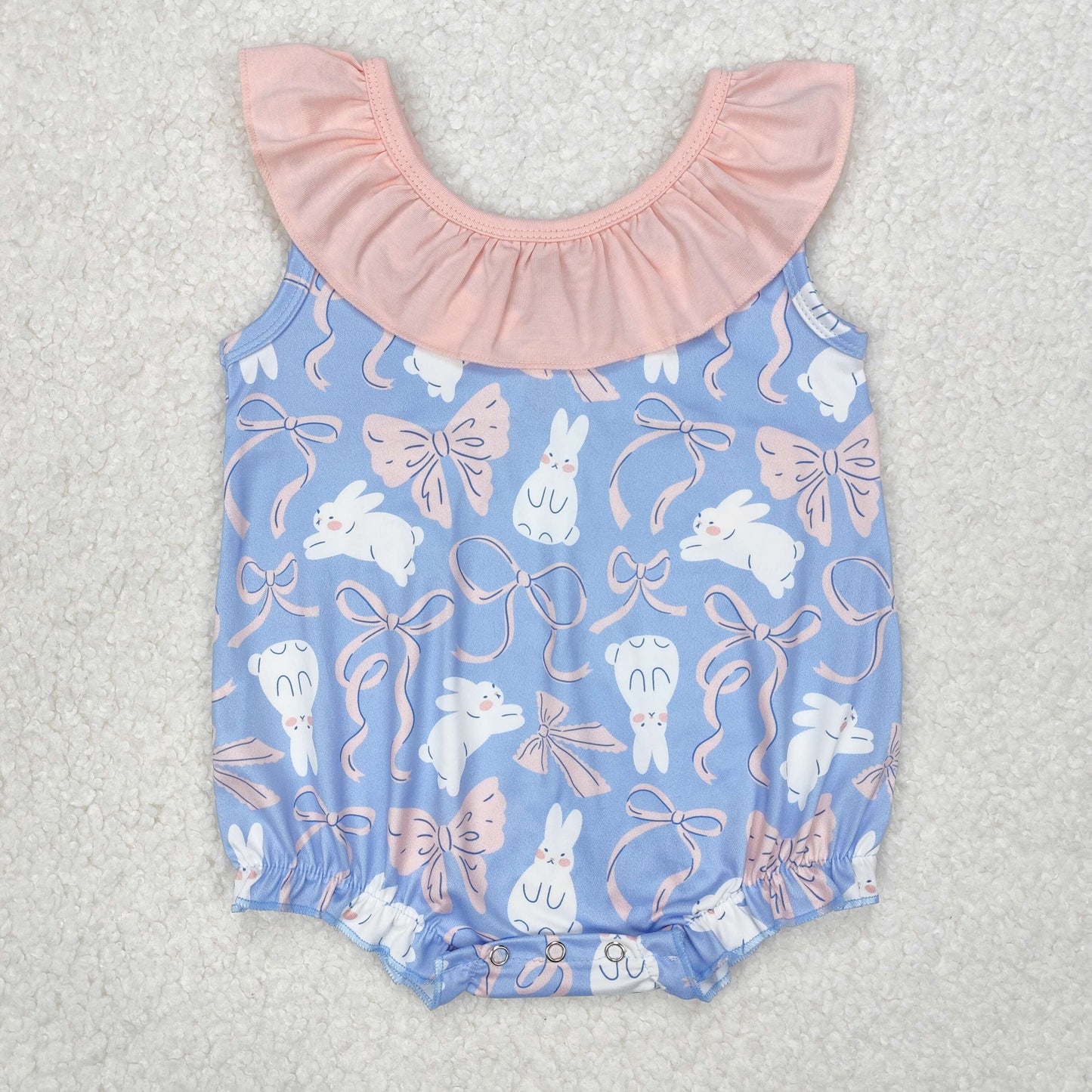 SR2583 Rabbit Pink Bows Blue With Bow Girls Romper