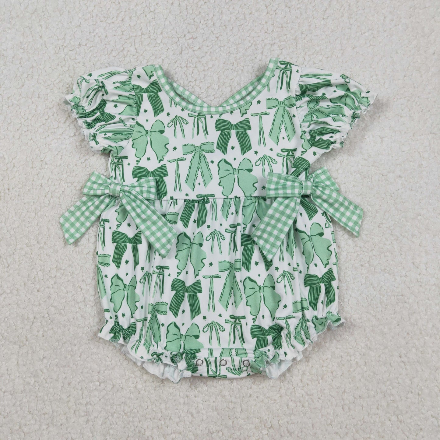 SR3305 St Patrick Green Bows Short Sleeve Girls Romper