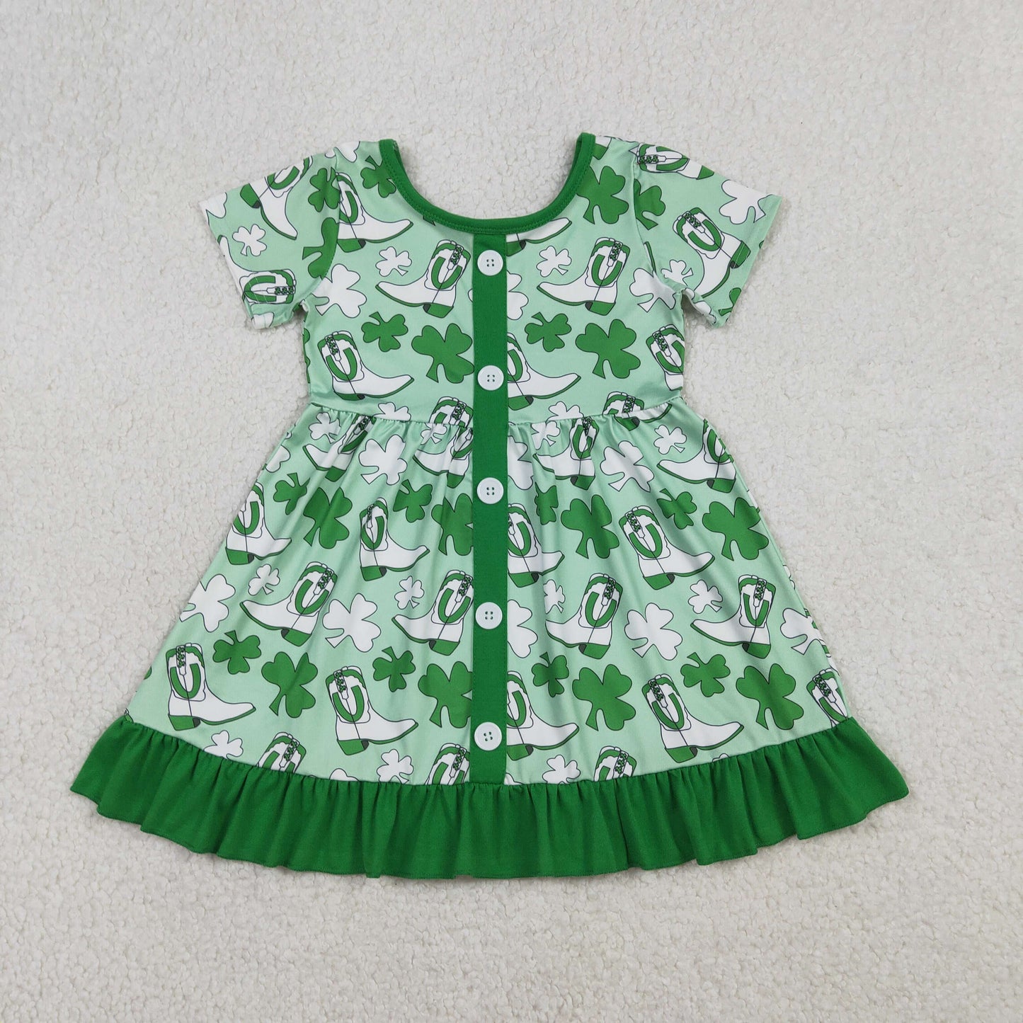 GSD3404 Western St Patrick Clover Boots Green Short Sleeve Girls Dress