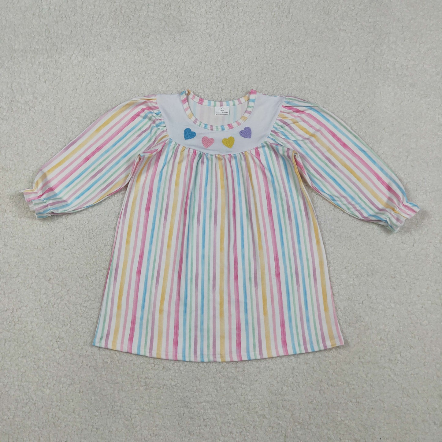 Embroidery GLD1335 Valentine's Day colorful heart colorful striped long sleeve girls dress