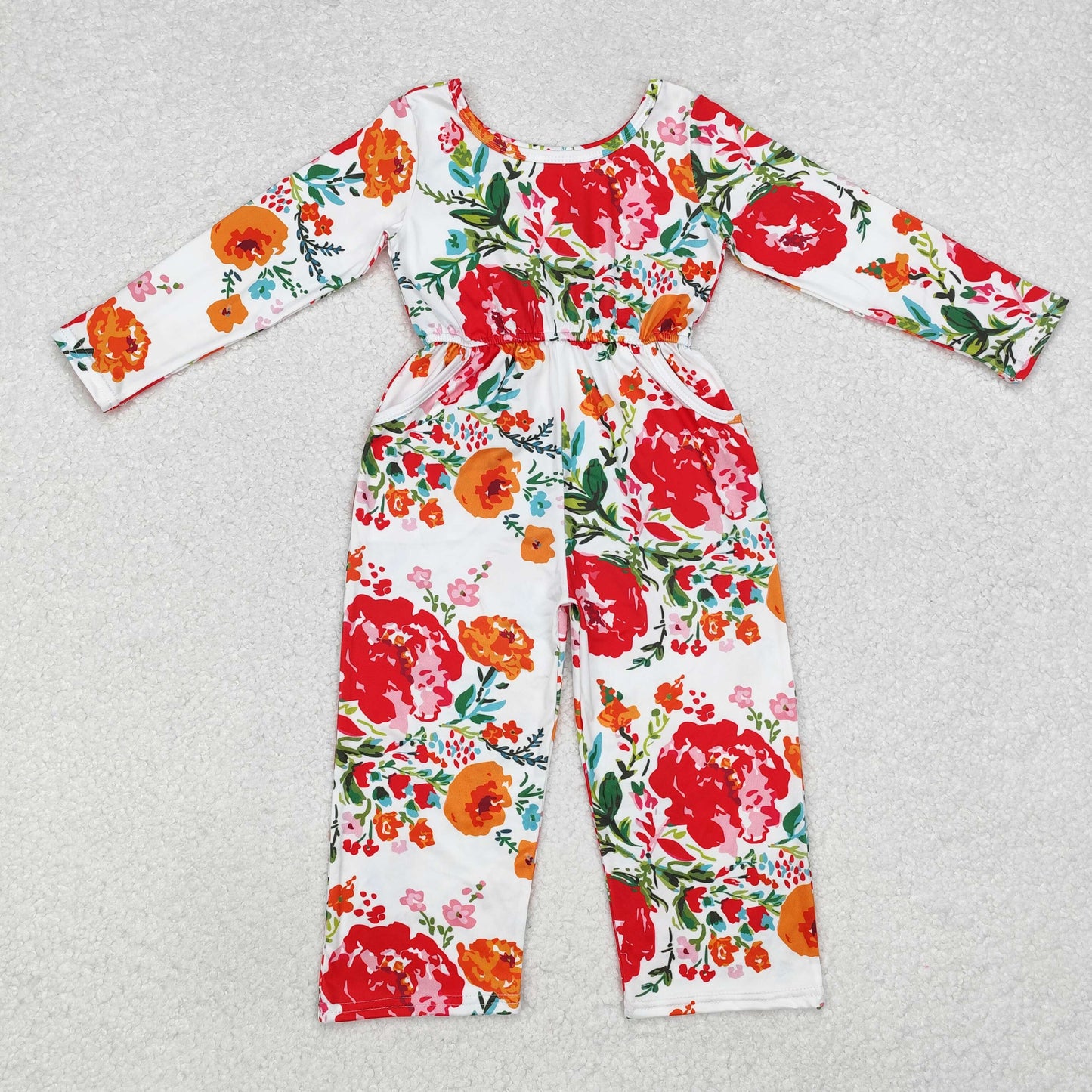 LR1837 red orange flowers long sleeve girls white jumpsuits