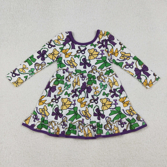 GLD1320 Mardi Gras yellow green purple bows long sleeve girls dress