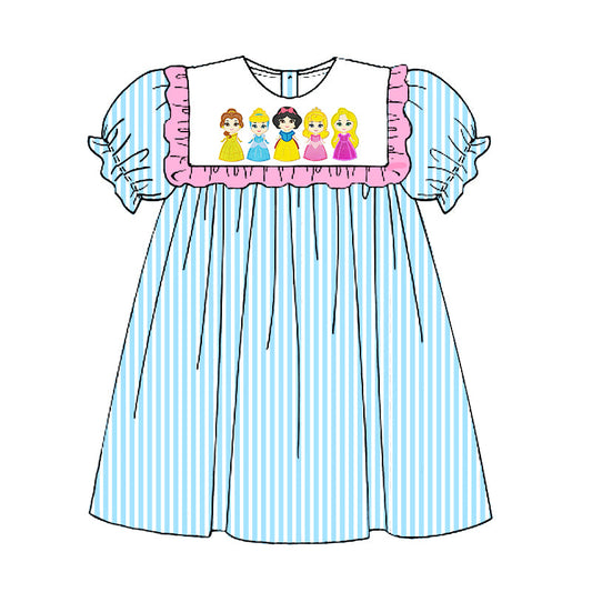 custom style cartoon princess blue striped short sleeve girls dress