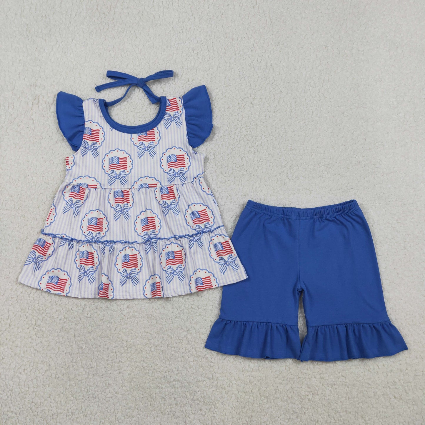 GSSO3296 July 4th Flag Bows Sleeveless Blue Shorts Girls Set