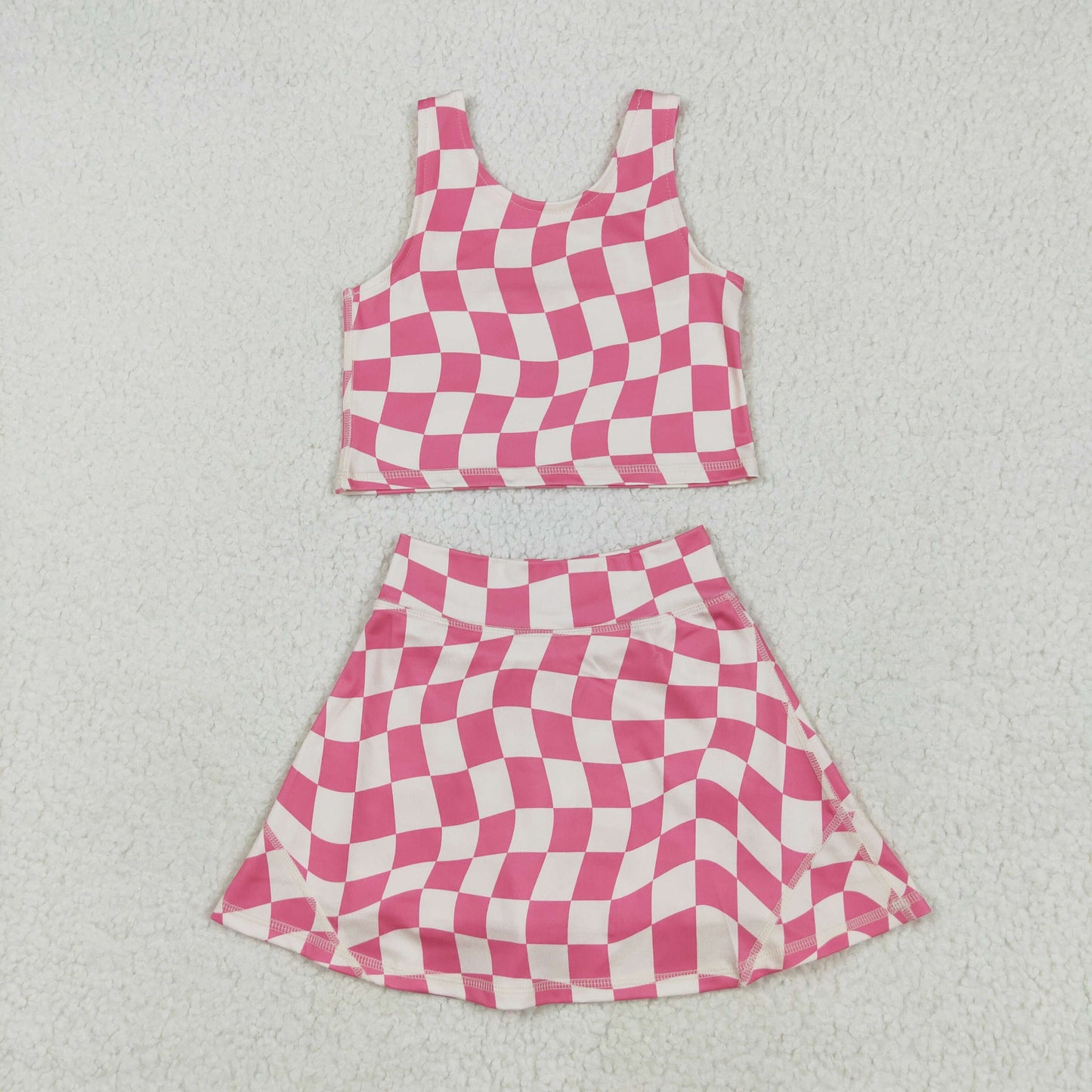 GSD2329 yoga pink checkered sleeveless skirt with shorts girls set