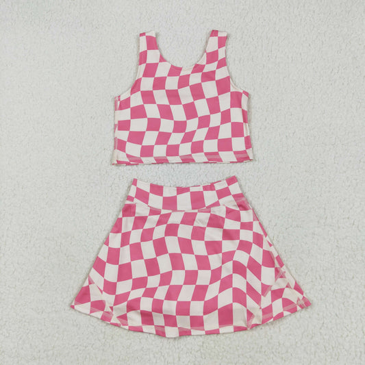 GSD2329 yoga pink checkered sleeveless skirt with shorts girls set