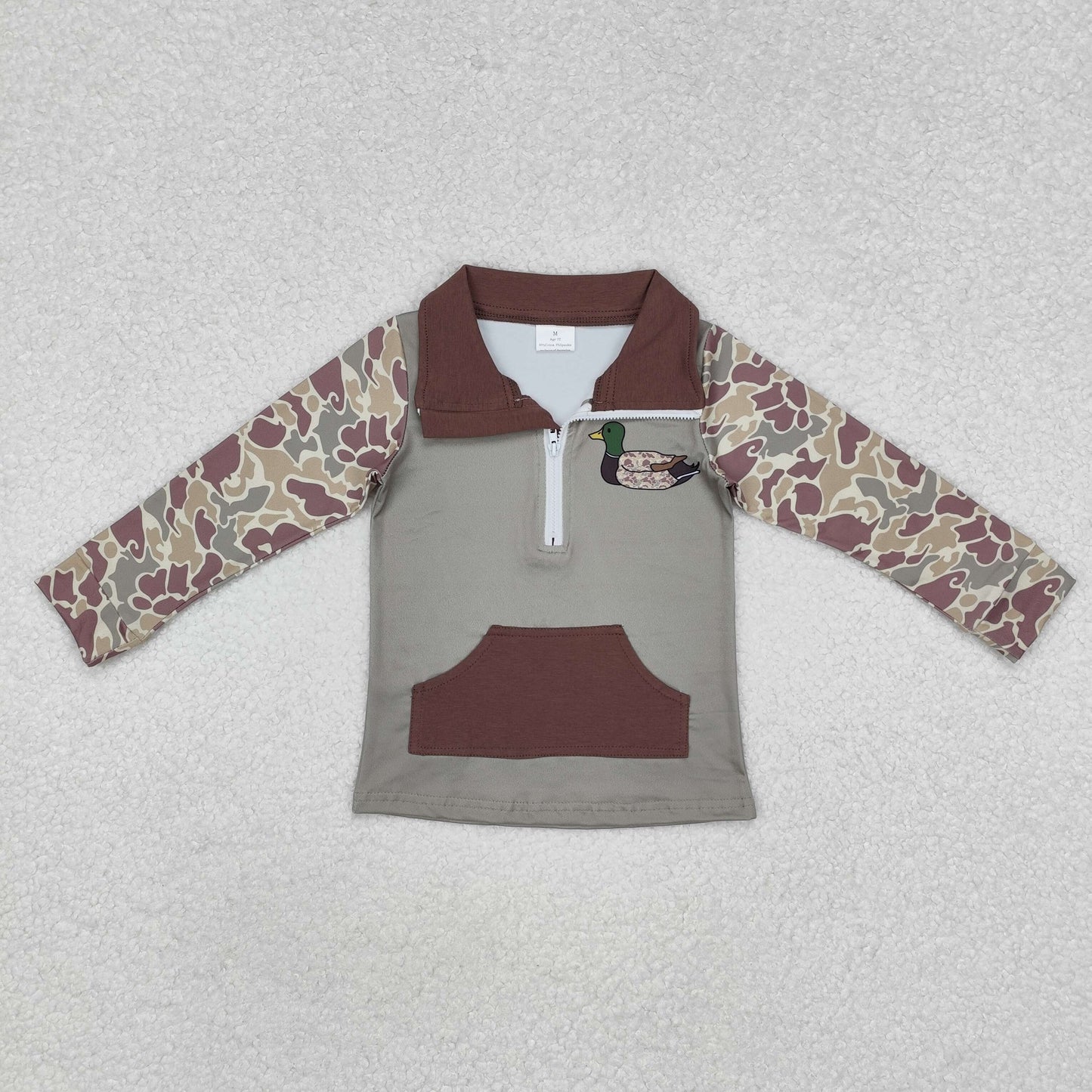 embroidery BT0926 cute camo mallard duck green pocket zipper long sleeve boys pullover