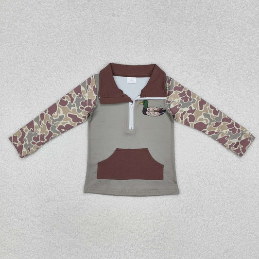 embroidery BT0926 cute camo mallard duck green pocket zipper long sleeve boys pullover