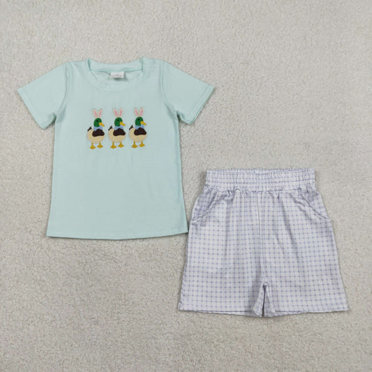 Embroidery BSSO1719 Easter Bunny Duck Mallard Short Sleeve Checkered Shorts Boys Set