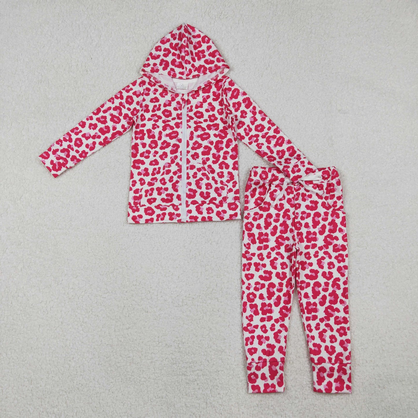 GLP2790 hot pink leopard zipper hoodie long sleece coat pants girls set