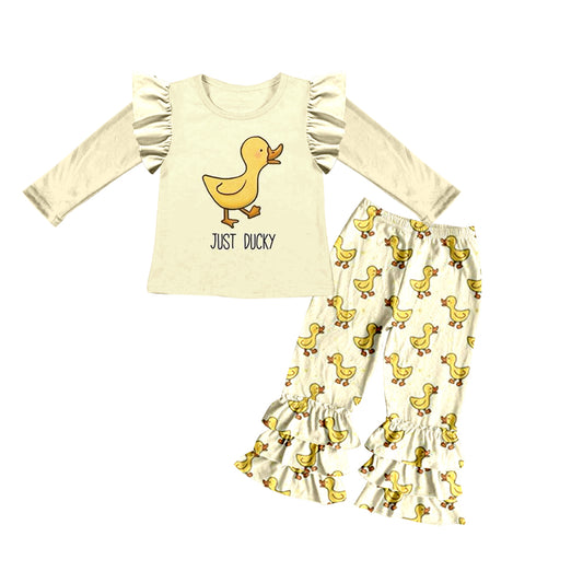 moq 3 custom Yellow Cartoon Duck Just Ducky Long Sleeve Pants Girls Set