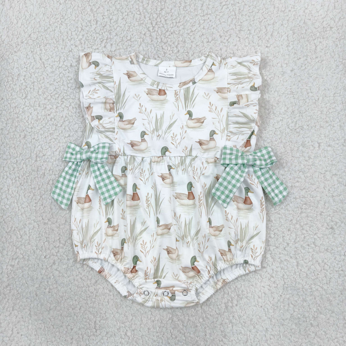 SR2257 cute mallard duck bows green checkered flutter sleeve girls romper
