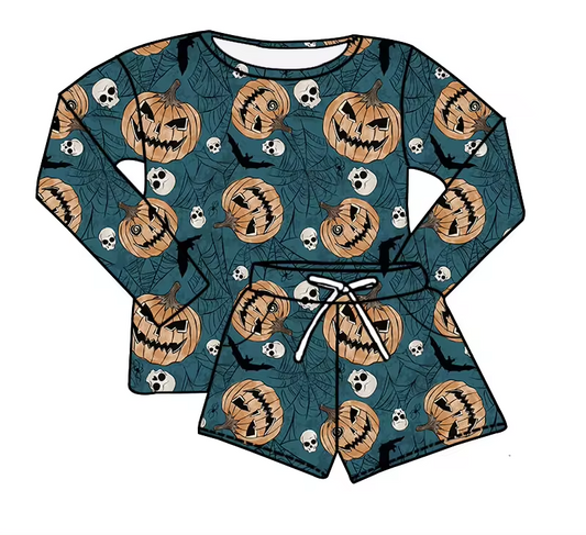 custom style Halloween pumpkin skull long sleeve shorts kids set