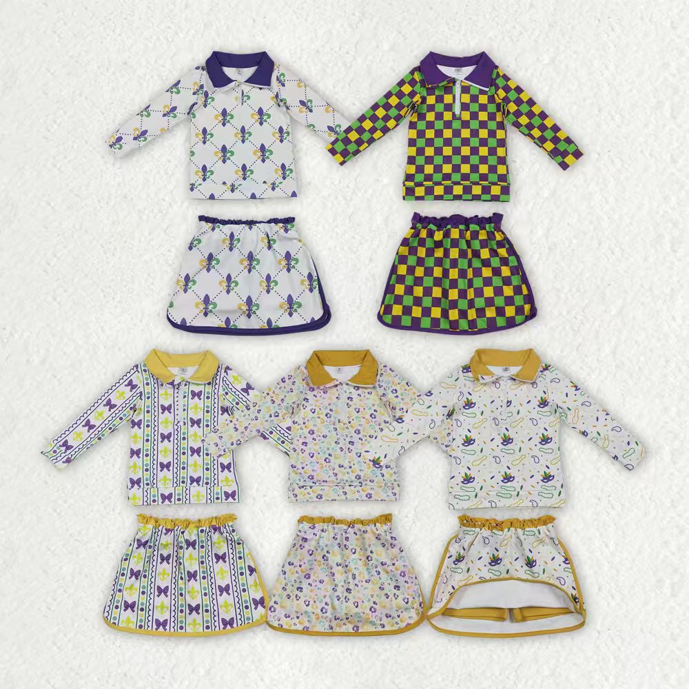 Yoga Mardi Gras Zipper Long Sleeve Skorts Girls Set Sibling Clothes