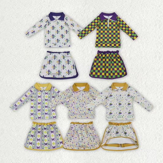 Yoga Mardi Gras Zipper Long Sleeve Skorts Girls Set Sibling Clothes