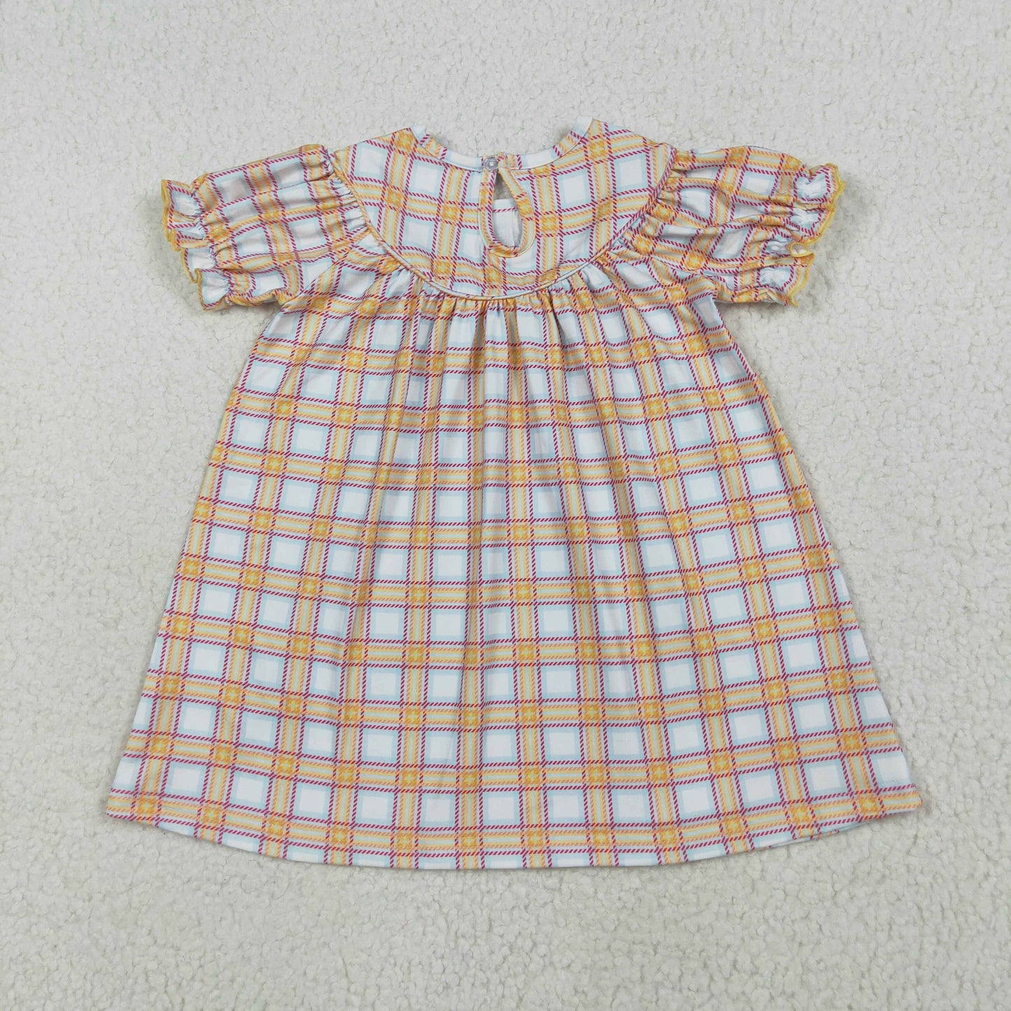 smocked embroidery GSD2276 farm pig cow animals tracktor khaki checkered short sleeve girls dress