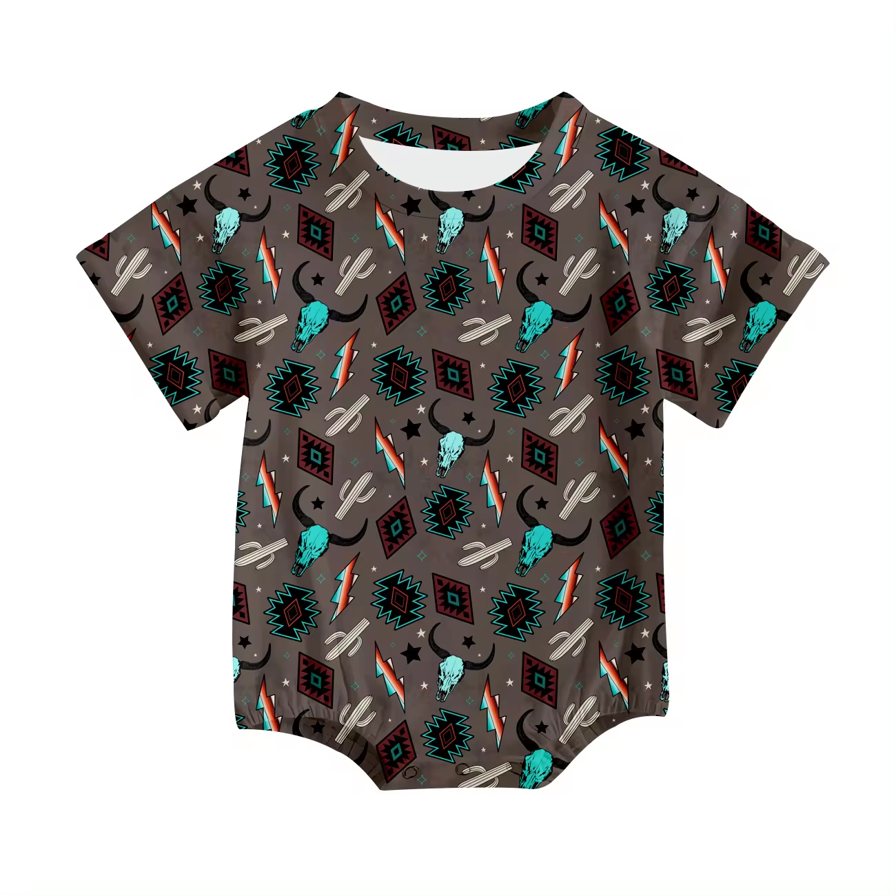 Custom Western cactus cow Aztec short sleeve baby romper