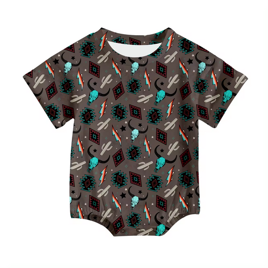 Custom Western cactus cow Aztec short sleeve baby romper