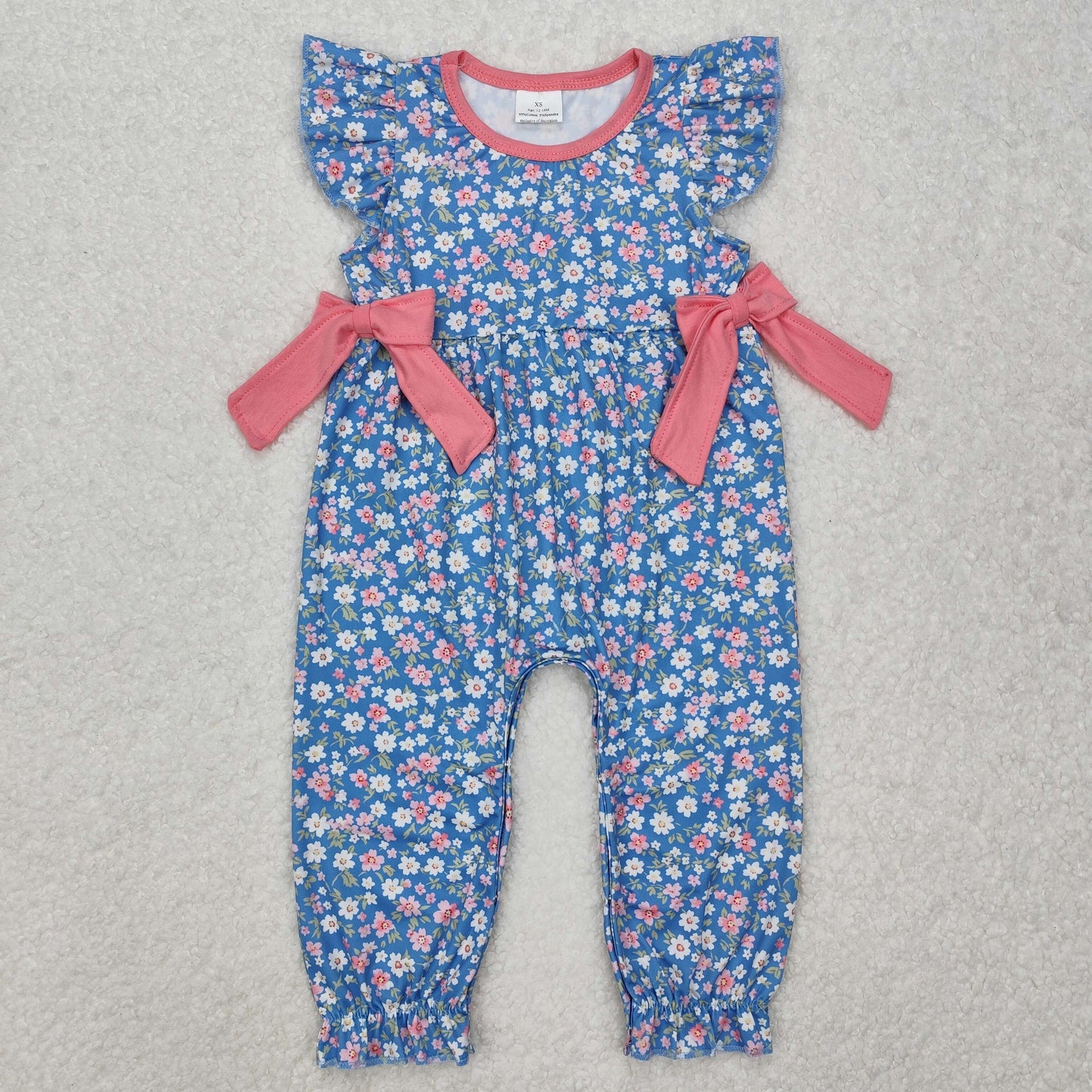 SR2166 colorful flowers bows blue flutter sleeve girls romper