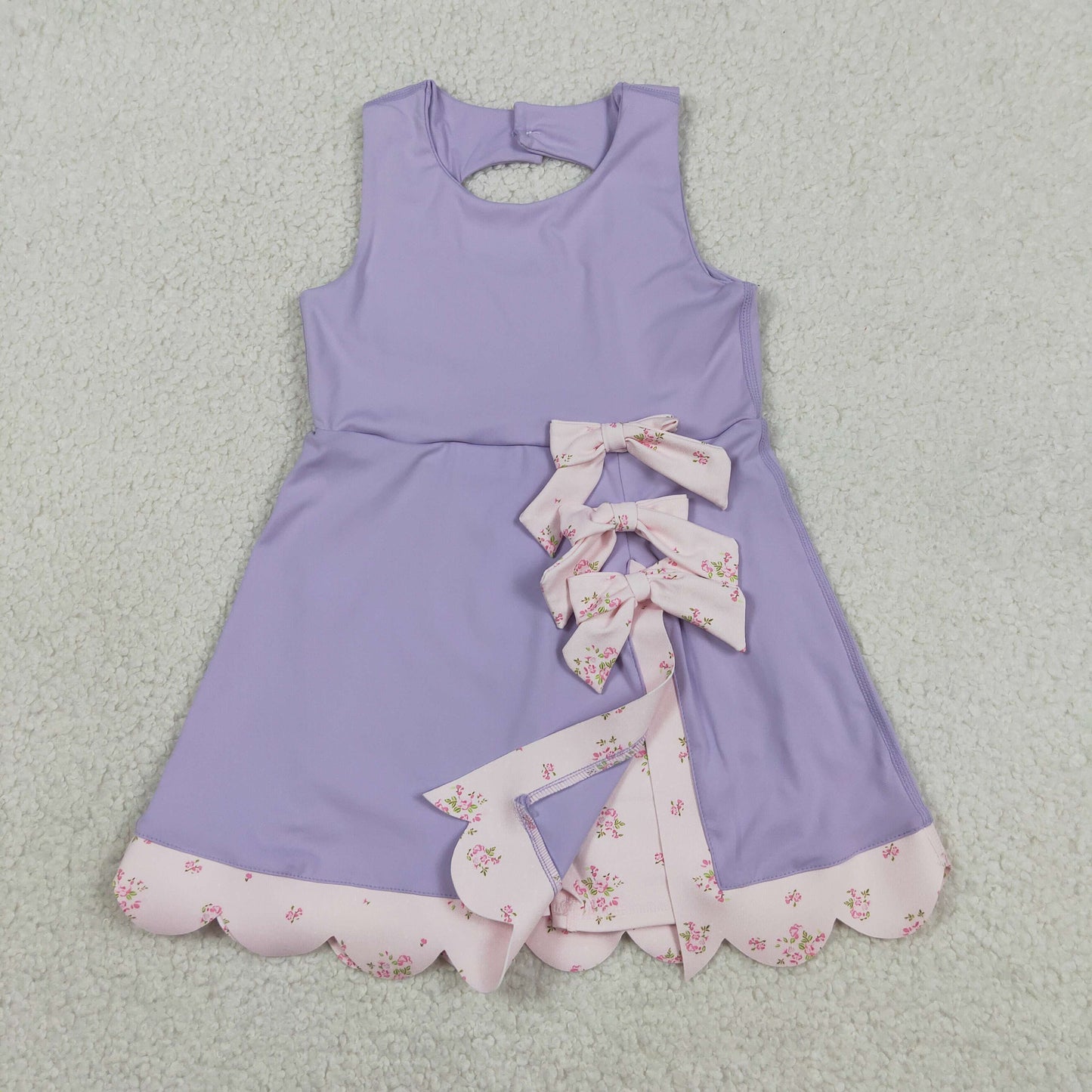 GSD3317 Yoga Scallop Solid Color Purple Bows Sleeveless Skorts Girls Dress