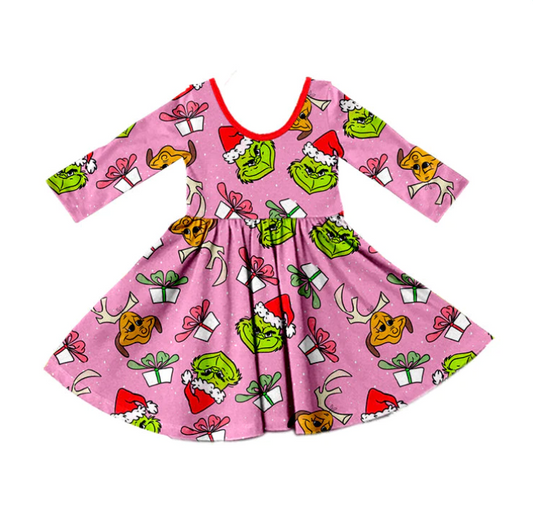 custom S 8.25 Christmas green face pink girls dress