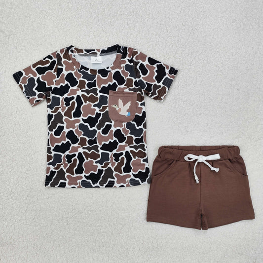 BSSO1010 hunting camo style duck camo mallard pocket short sleeve shorts boys set