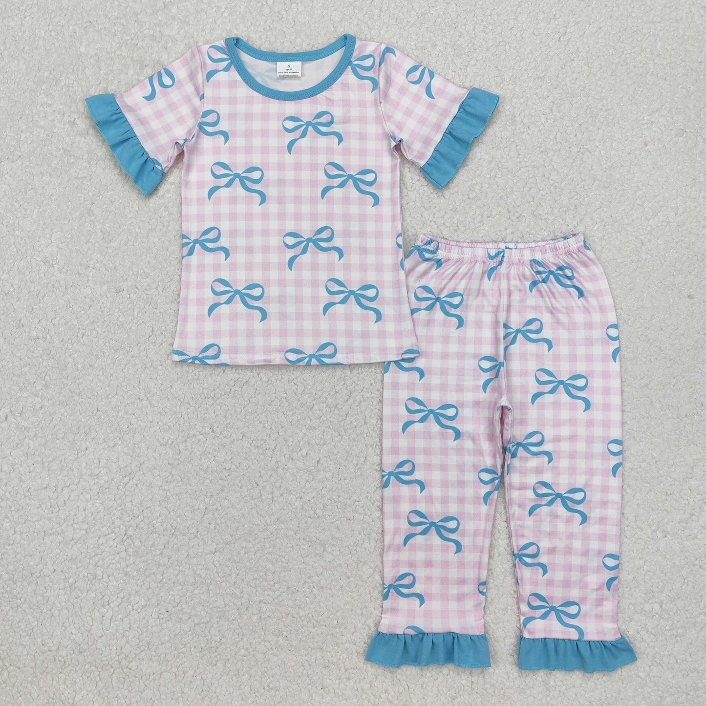 GSPO1736 blue bows pink checkered short sleeve pants girls ruffles set