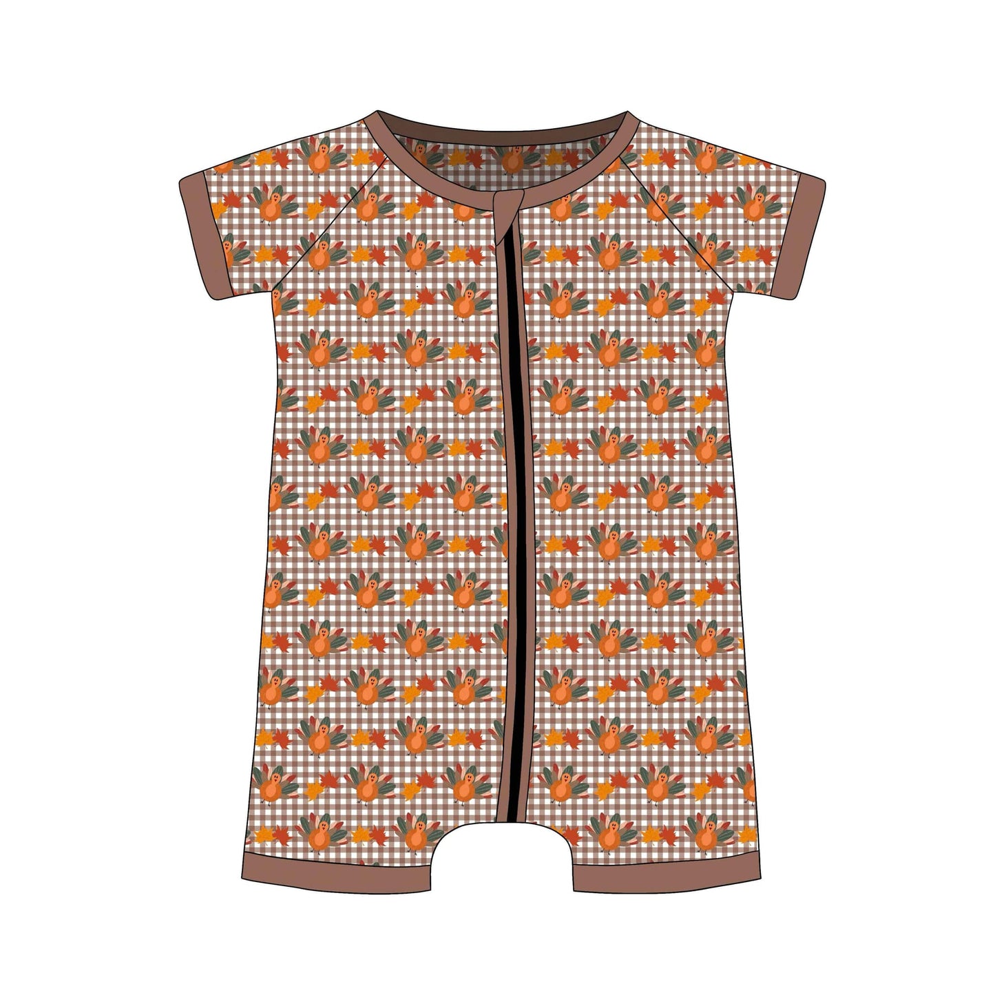 custom Thanksgiving turkey brown checkered short sleeve zipper boys romper