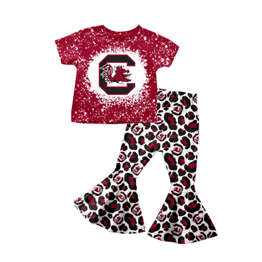 moq 3 custom football C red short sleeve leopard pants girls set