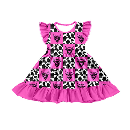 preorder GSD0750 Highland Cow Hot Pink Cow Print Flutter Sleeve Girls Dress