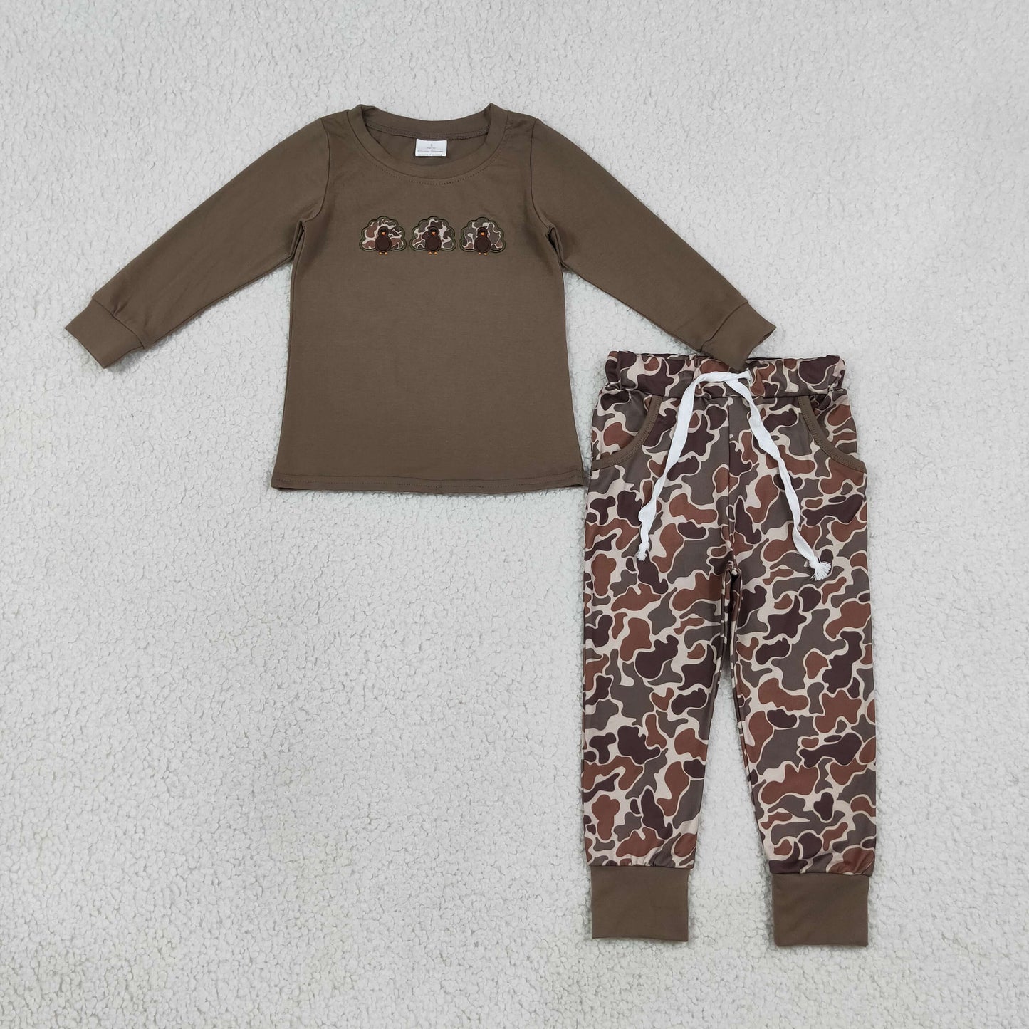 Embroidery BLP1473 Thanksgiving Turkey Camo Long Sleeve Pants Boys Set